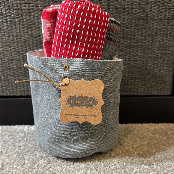 Mud Pie Other - Mud Pie Gray Fabric Basket with Red and Gray Towels